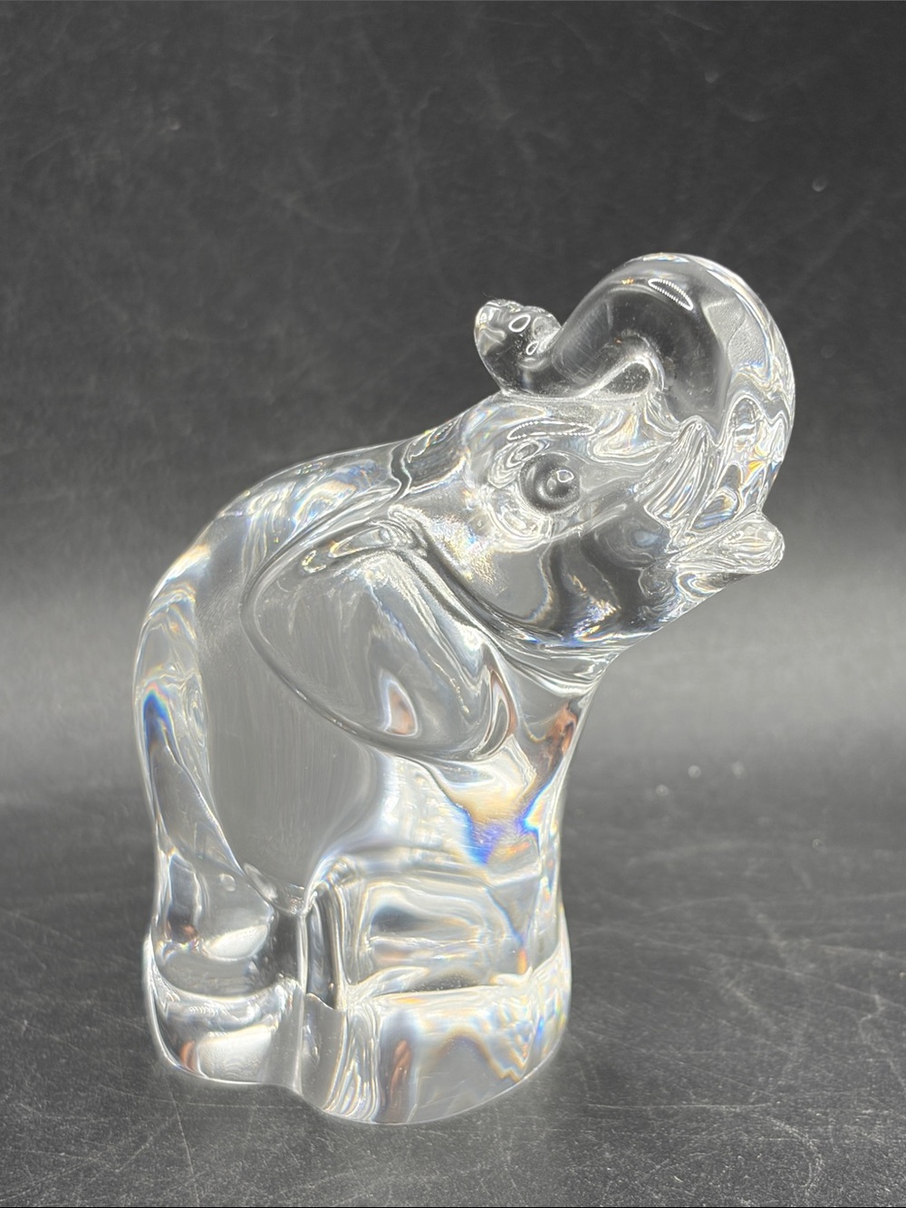 Steuben Signed Clear Crystal Trunk Up Elephant Figural Figurine Paperweight